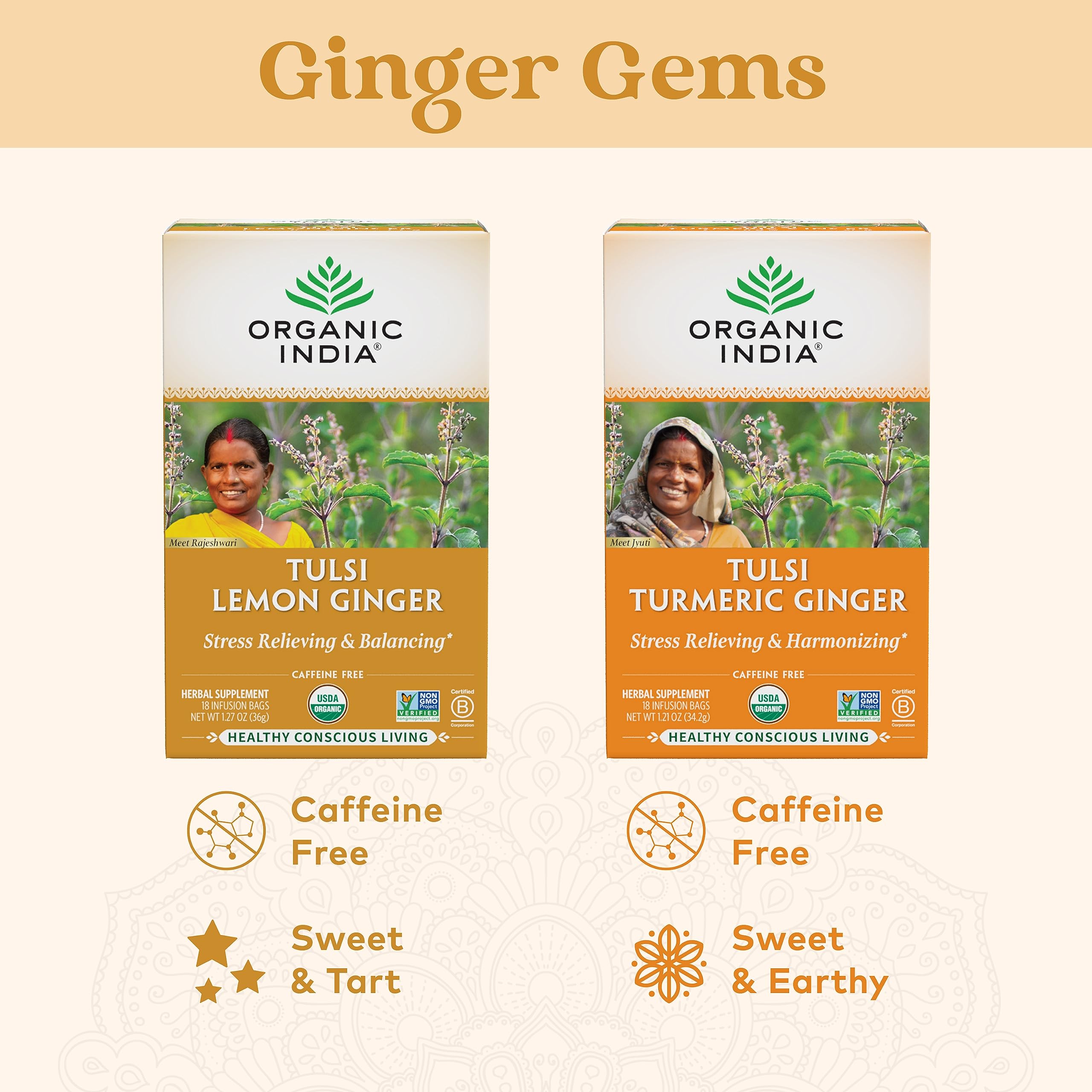 Organic India Tulsi Lemon Ginger Herbal Tea - Holy Basil, Stress Relieving & Reviving, Immune Support, Aids Digestion, Vegan, USDA Certified Organic, Non-GMO, Caffeine-Free - 18 Infusion Bags, 1 Pack
