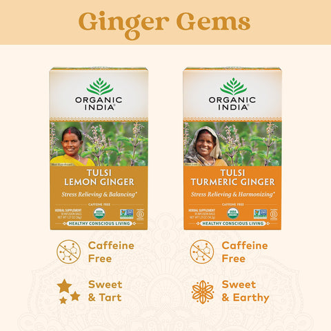 Organic India Tulsi Lemon Ginger Herbal Tea - Holy Basil, Stress Relieving & Reviving, Immune Support, Aids Digestion, Vegan, USDA Certified Organic, Non-GMO, Caffeine-Free - 18 Infusion Bags, 1 Pack