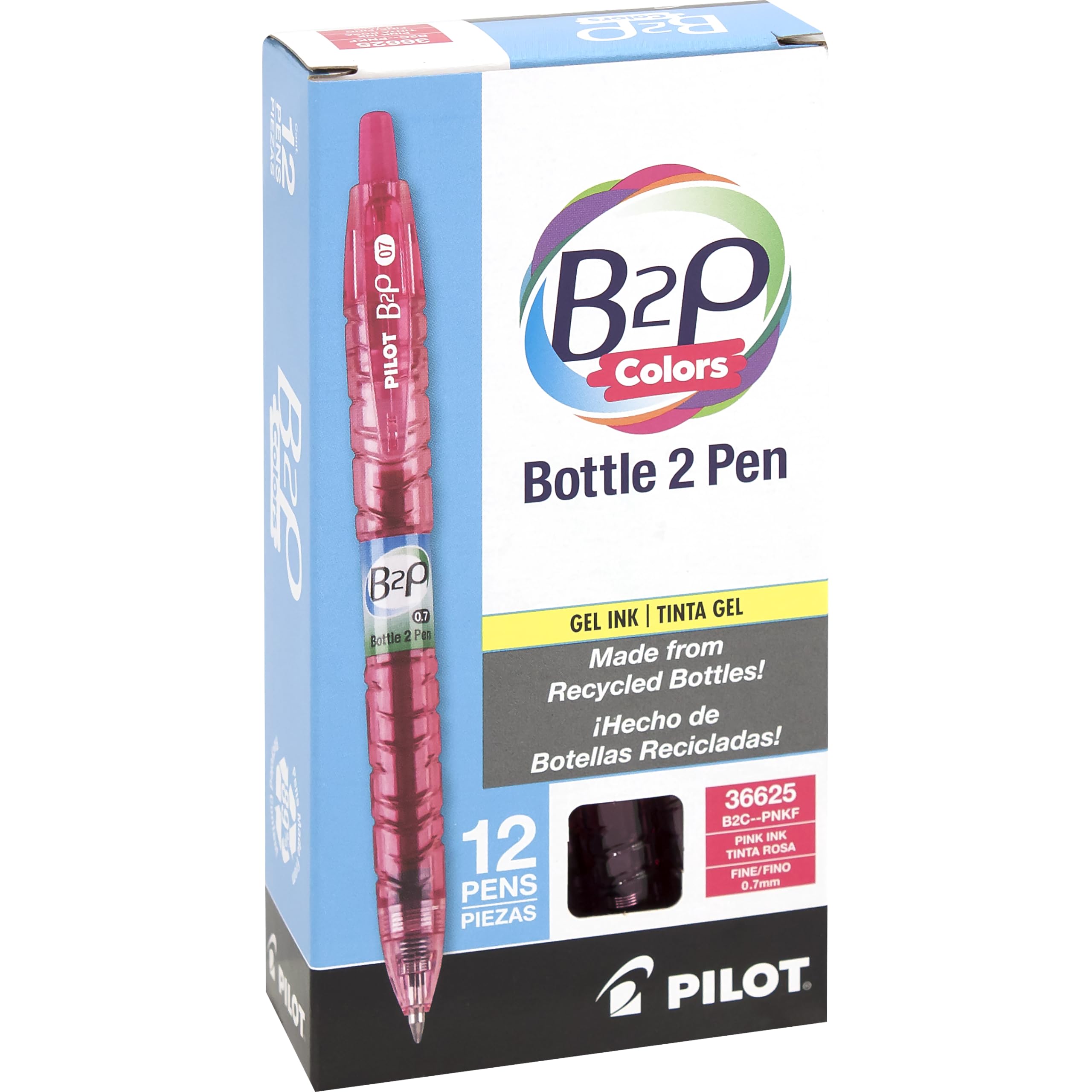 Pilot B2P Colors - Bottle to Pen Refillable & Retractable Rolling Ball Gel Pens Made From Recycled Bottles, Fine Point, Pink G2 Ink, 0.7mm, 12-Pack