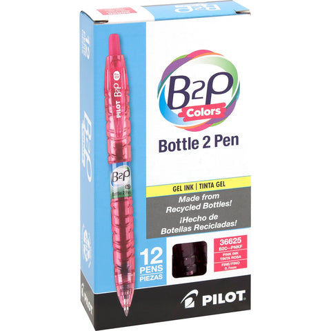 Pilot B2P Colors - Bottle to Pen Refillable & Retractable Rolling Ball Gel Pens Made From Recycled Bottles, Fine Point, Pink G2 Ink, 0.7mm, 12-Pack