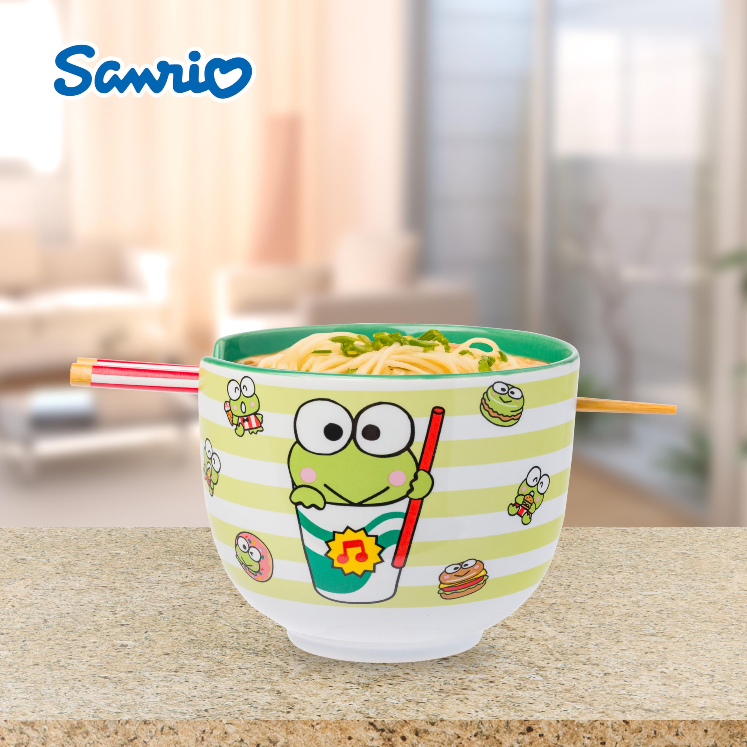 Silver Buffalo Sanrio Hello Kitty and Friends Keroppi Foodie Icons Ceramic Ramen Noodle Rice Bowl with Chopsticks, Microwave Safe, 20 Ounces