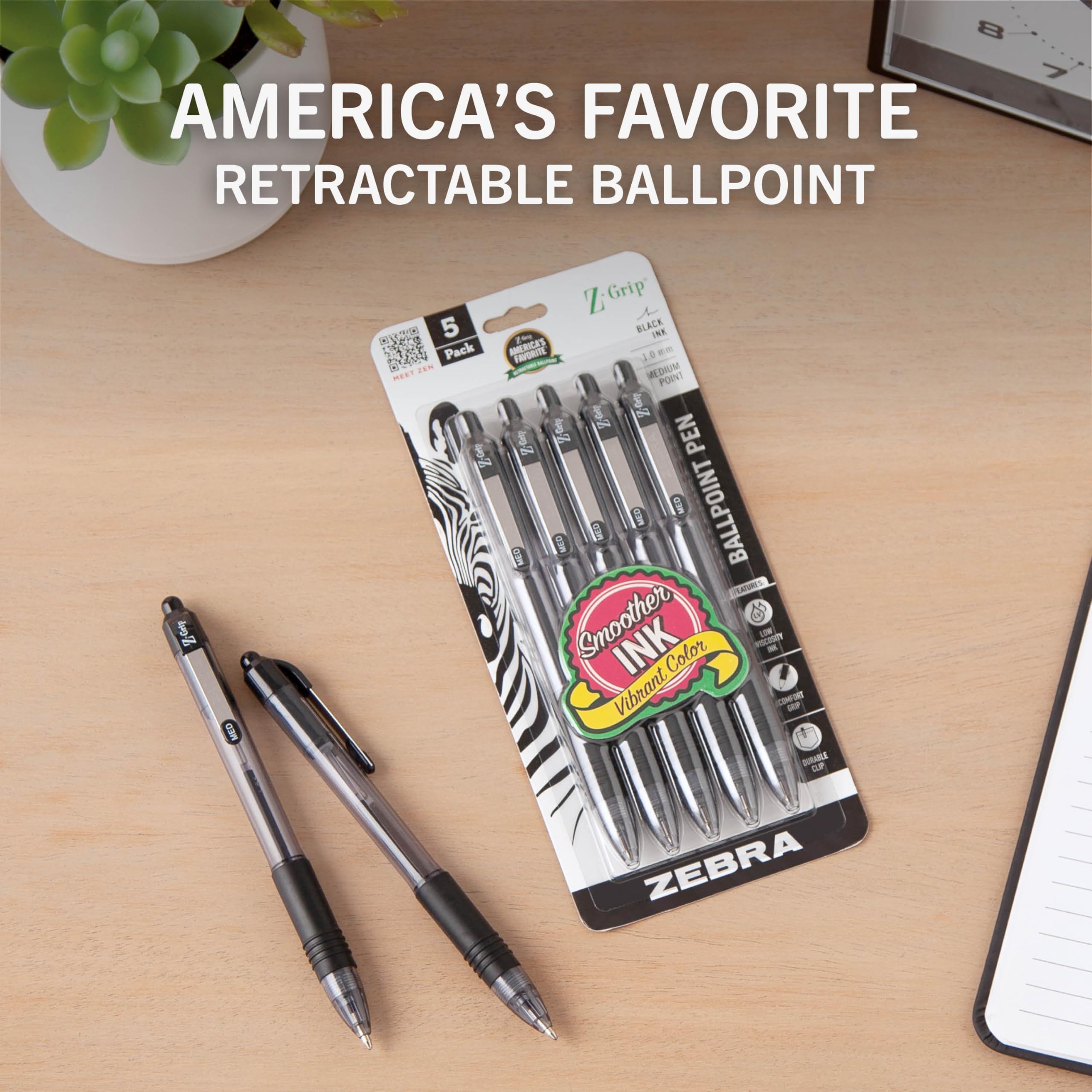 Zebra Pen Z-Grip Retractable Ballpoint Pen, Smooth-Flowing Black Ink, 1.0mm Medium Point, School & Office Supplies, Ideal for Note-Taking, Journal and Planner Use, 5-Pack (22215)