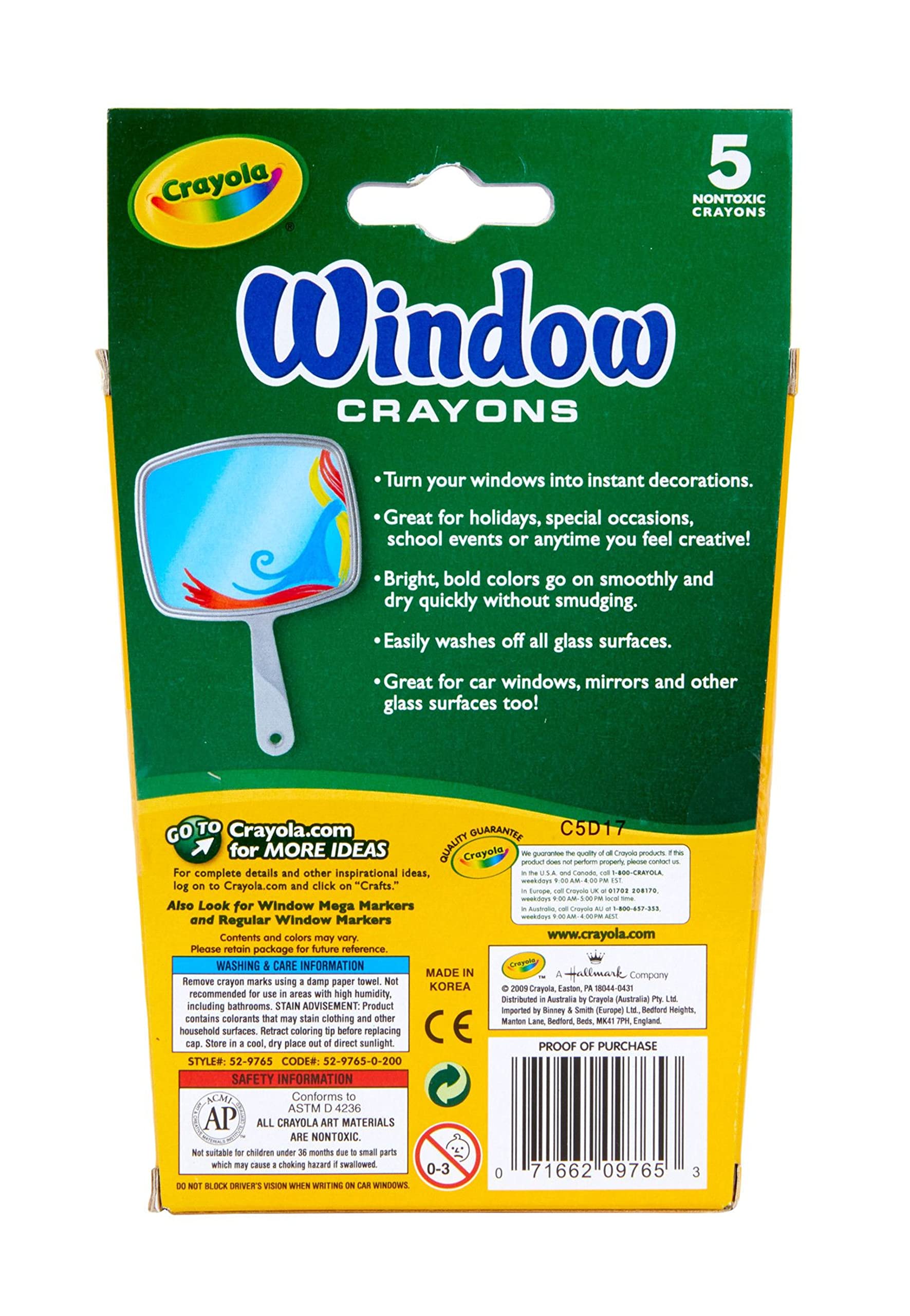 Crayola Washable Window Crayons, Glass and Window Art Supplies, Assorted Colors, 5 Count, Gift for Boys & Girls