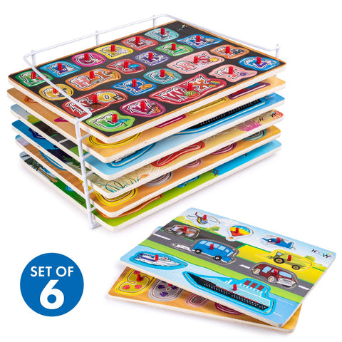 Baby Peg Puzzle 3-in-1 Set - 3 Different Themed Educational Knob Puzzles for Boy & Girl Toddlers Plus: Storage Rack (6 Board Puzzles)