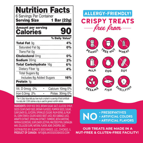Blake’s Seed Based Crispy Treats – Birthday Cake (6 Count), Nut Free, Gluten Free, Dairy Free & Vegan, Healthy Snacks for Kids or Adults, School Safe, Low Calorie Organic Fruit Flavored Snack