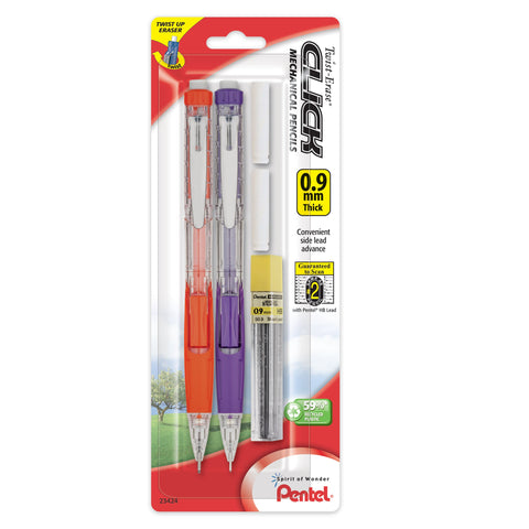 Pentel Twist Erase Click Automatic Pencil with 2 Eraser Refills and Lead, 0.9 mm, Assorted Barrels, Color May Vary, 2 Pack (PD279TLEBP2)