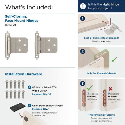 Amerock | Cabinet Hinge | 3/8 inch (10 mm) Inset | Satin Nickel | 2 Pack | Self-Closing | Face Mount | Cabinet Door