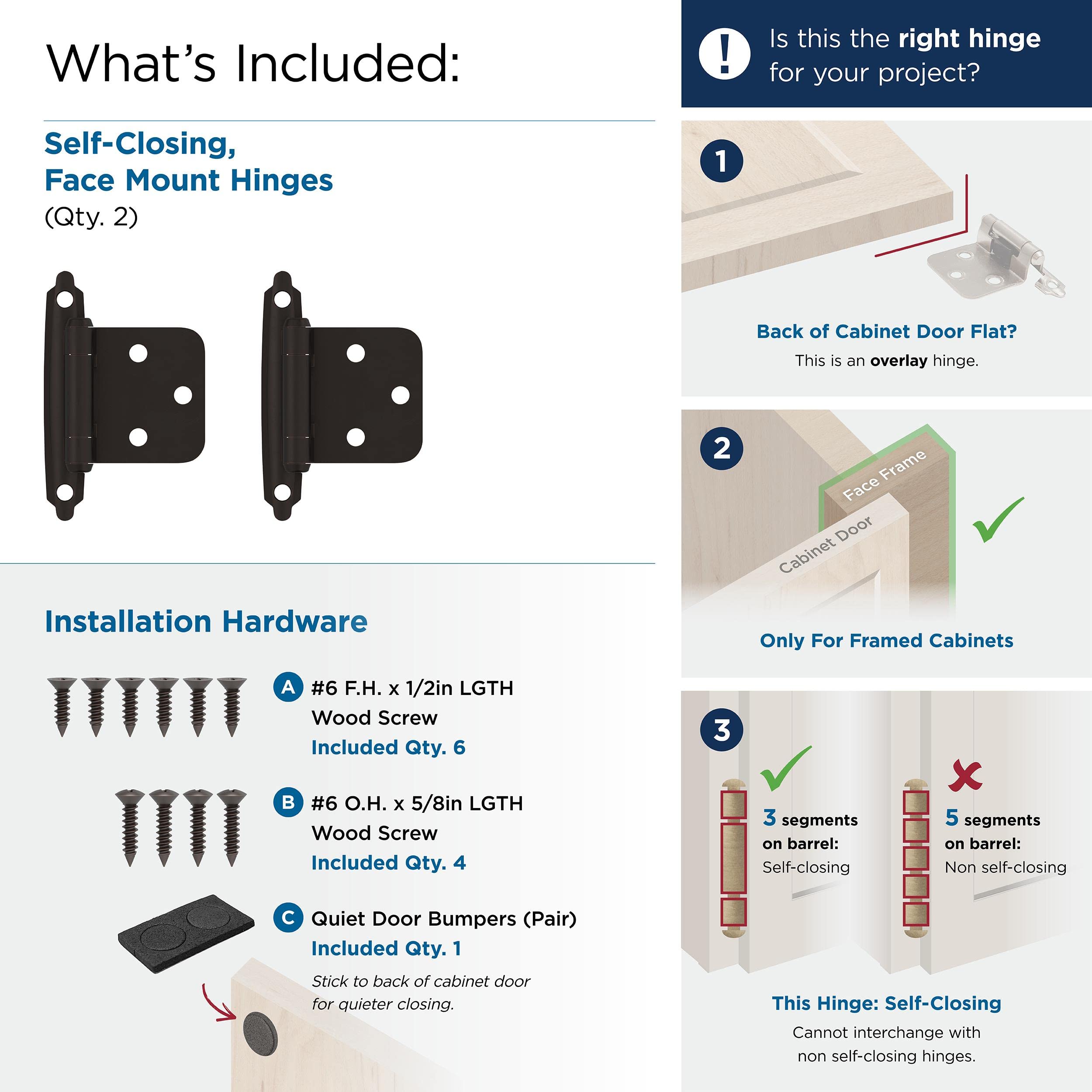 Amerock | Face Frame Cabinet Hinge | Variable Overlay 𝐇inge | Oil Rubbed Bronze | 2 Pack | Self-Closing 𝖧inge | Face Mount Ｈinge | Cabinet Door ᕼinge
