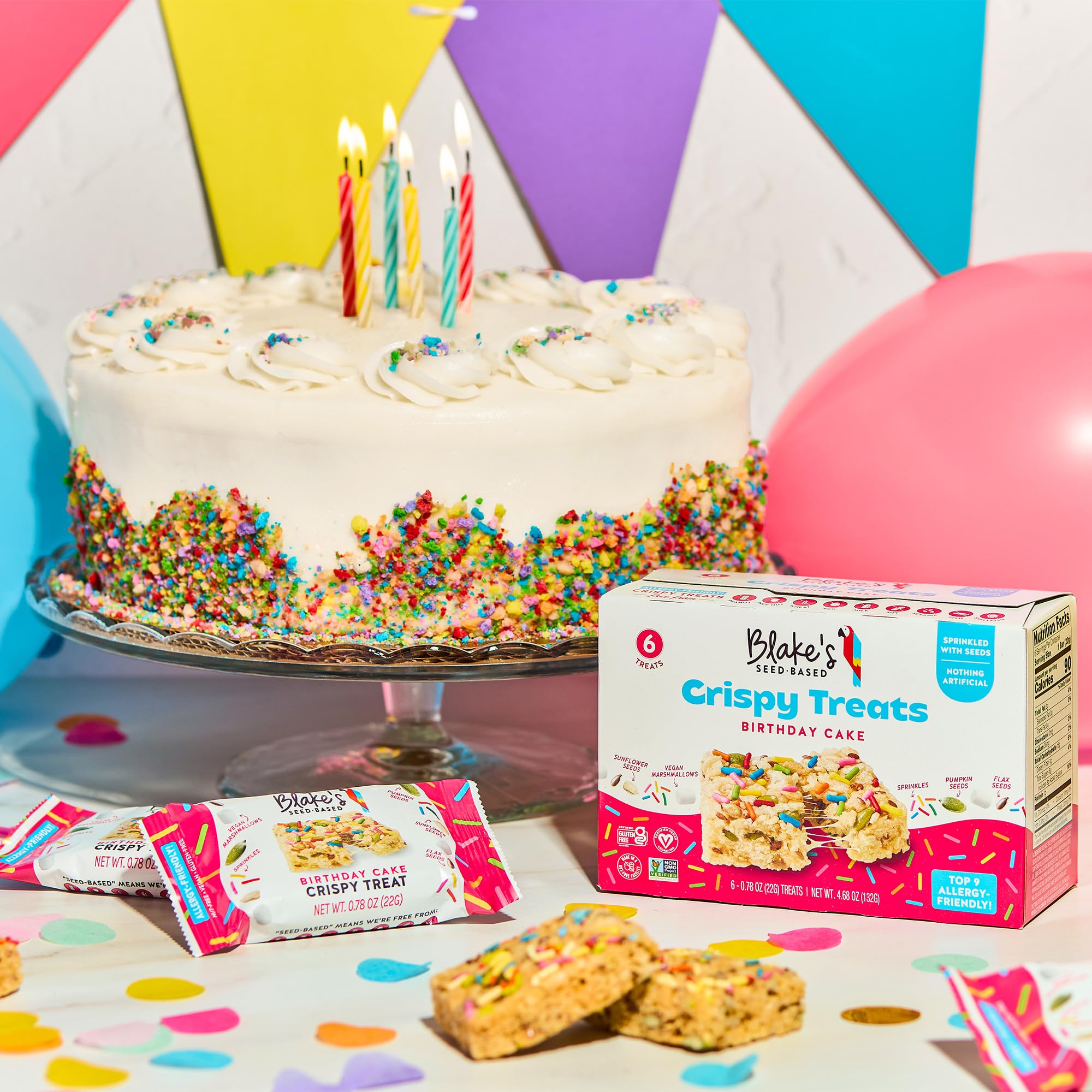Blake’s Seed Based Crispy Treats – Birthday Cake (6 Count), Nut Free, Gluten Free, Dairy Free & Vegan, Healthy Snacks for Kids or Adults, School Safe, Low Calorie Organic Fruit Flavored Snack