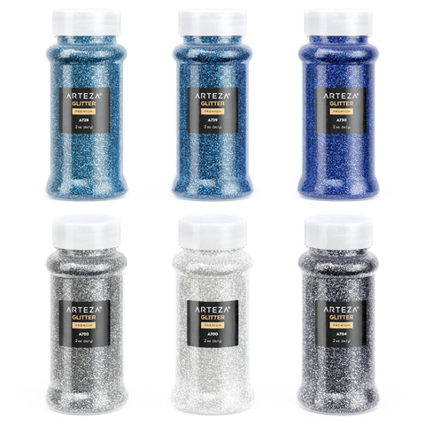 Arteza Fine Glitter Set, 6 x 2-oz Bottles, Ocean-Toned Glitter for Resin, Glue, Acrylic Paint, Arts and Crafts Supplies for Creating DIY Projects and Holiday Art