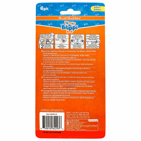 Brush Buddies Blippi Kids Toothbrush Set of 6 Pack Soft Bristle Toothbrushes for Toddlers Ages 2+, Extra Gentle Bristles, Small Head, Easy Grip Handle, Fun Blippi Characters, Kids Oral Care