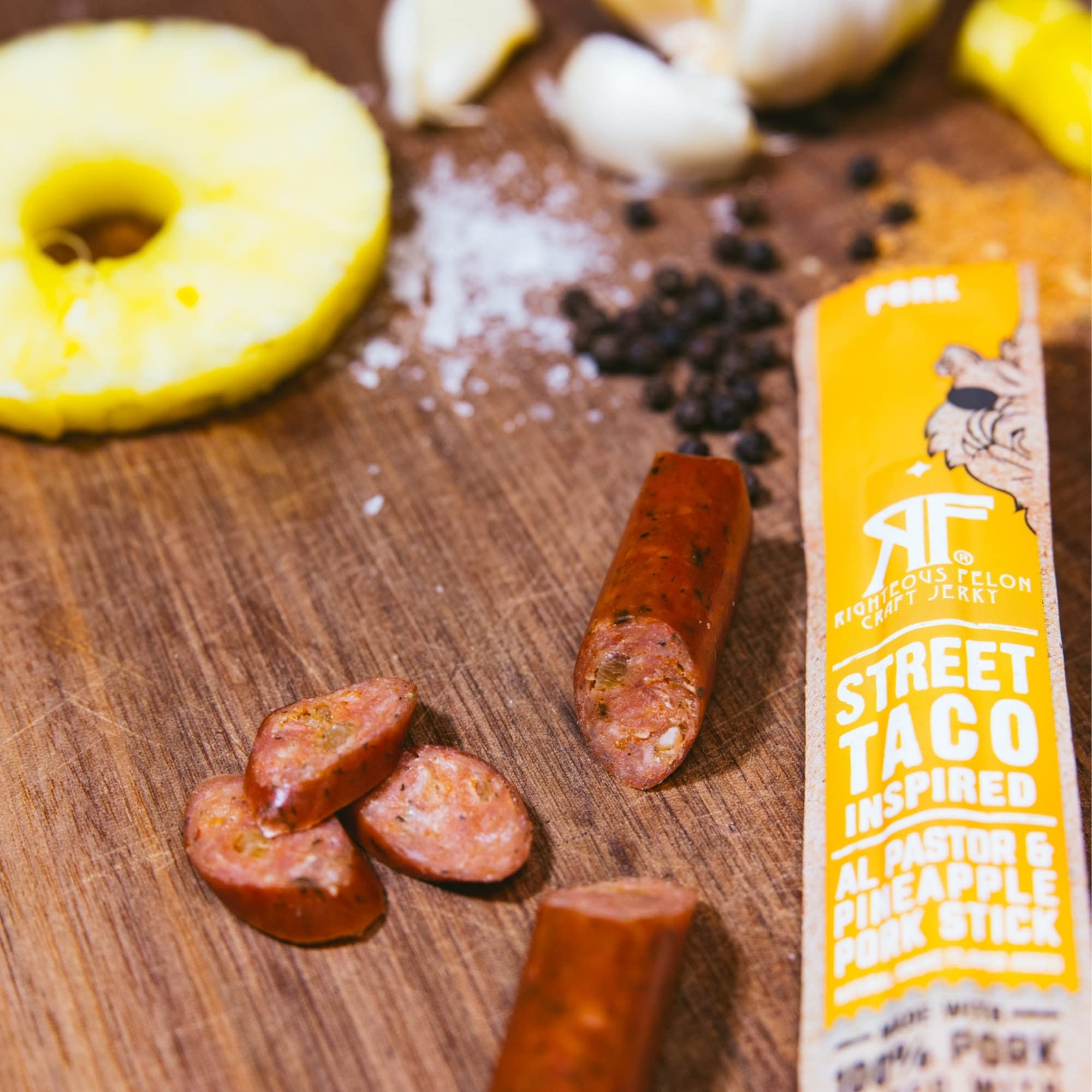 Righteous Felon Meat Sticks | 100% Pasture Raised Pork | 8g Protein per Stick | Keto, Gluten-Free, Low Sugar, High Protein Snack Sticks | Individually Wrapped | Street Taco Pork Sticks, 24 Count