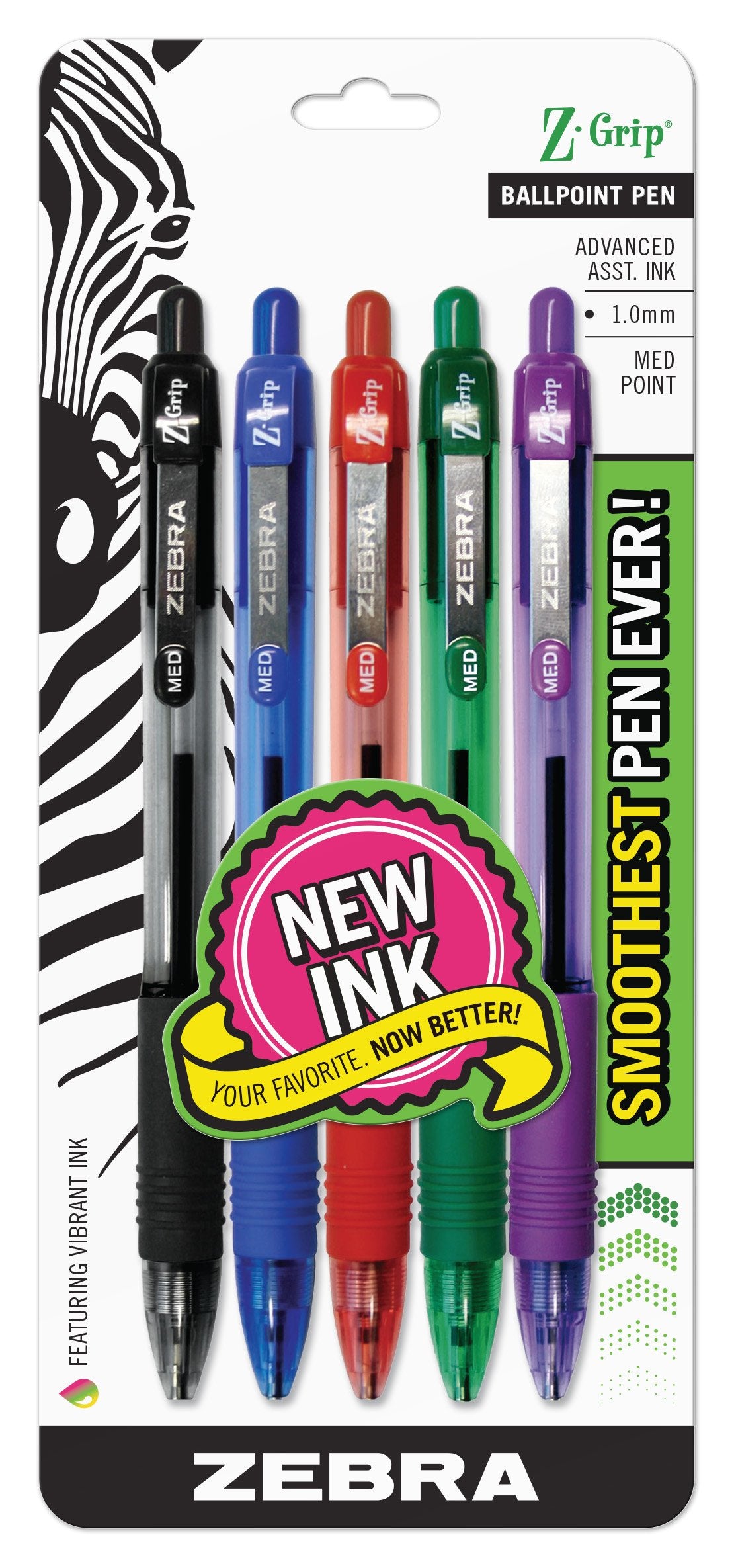 Zebra Pen Z-Grip Retractable Ballpoint Pen, Smooth-Flowing Assorted Ink, 1.0mm Medium Point, School & Office Supplies, Ideal for Note-Taking, Journal and Planner Use, 5-Pack (22205)