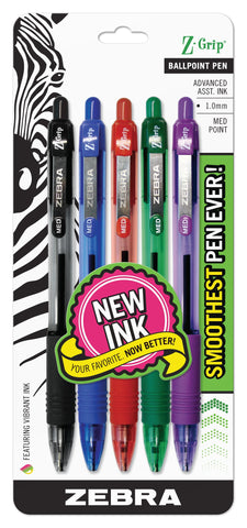 Zebra Pen Z-Grip Retractable Ballpoint Pen, Smooth-Flowing Assorted Ink, 1.0mm Medium Point, School & Office Supplies, Ideal for Note-Taking, Journal and Planner Use, 5-Pack (22205)