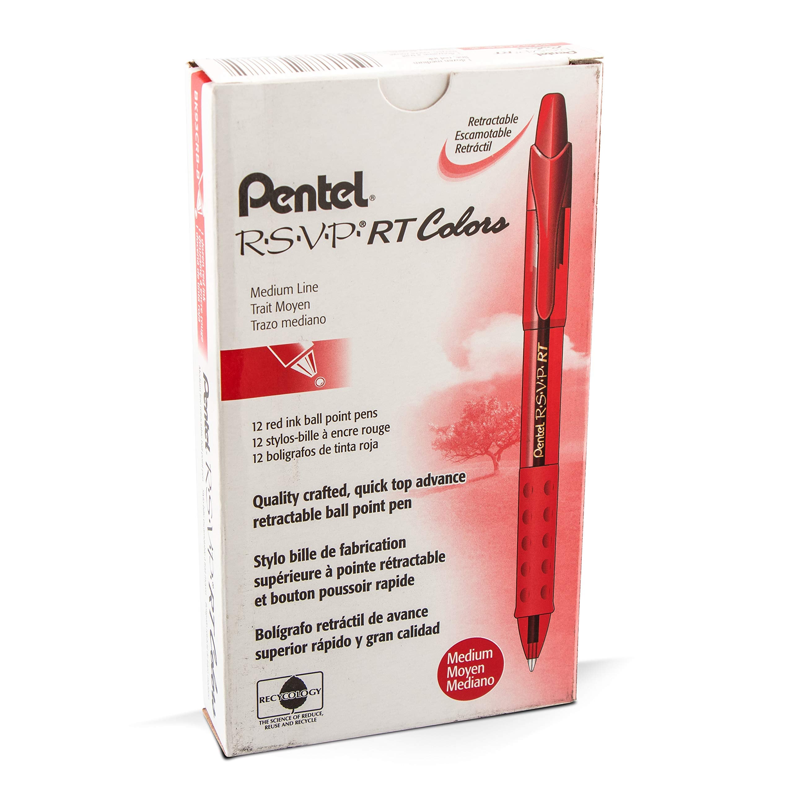 Pentel RSVP RT COLORS Retractable Ball Point Pen, Medium Line, Red Barrel, Red Ink, Box of 12 (BK93CRB-B)