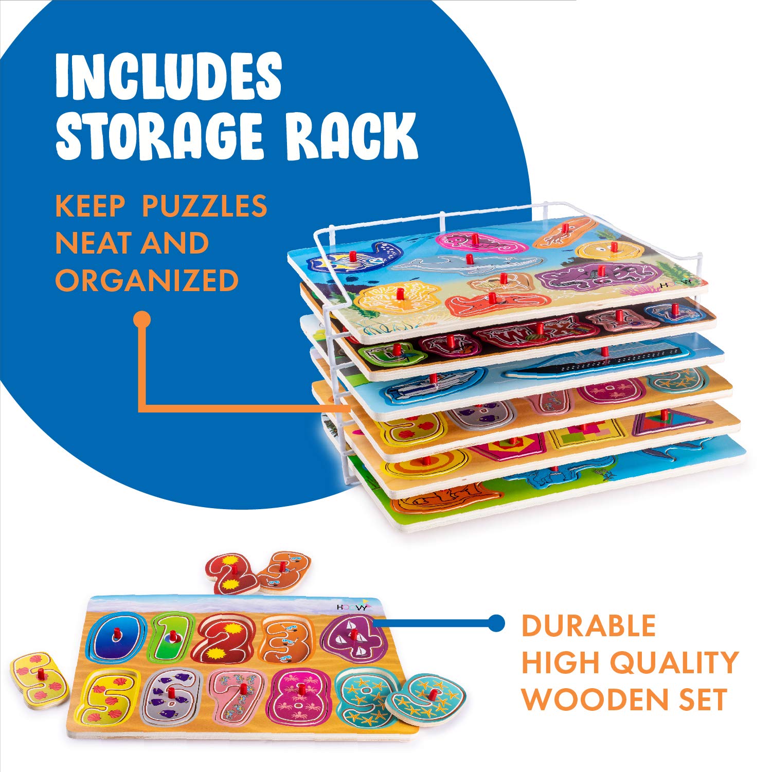 Baby Peg Puzzle 3-in-1 Set - 3 Different Themed Educational Knob Puzzles for Boy & Girl Toddlers Plus: Storage Rack (6 Board Puzzles)