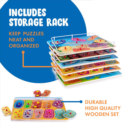Baby Peg Puzzle 3-in-1 Set - 3 Different Themed Educational Knob Puzzles for Boy & Girl Toddlers Plus: Storage Rack (6 Board Puzzles)