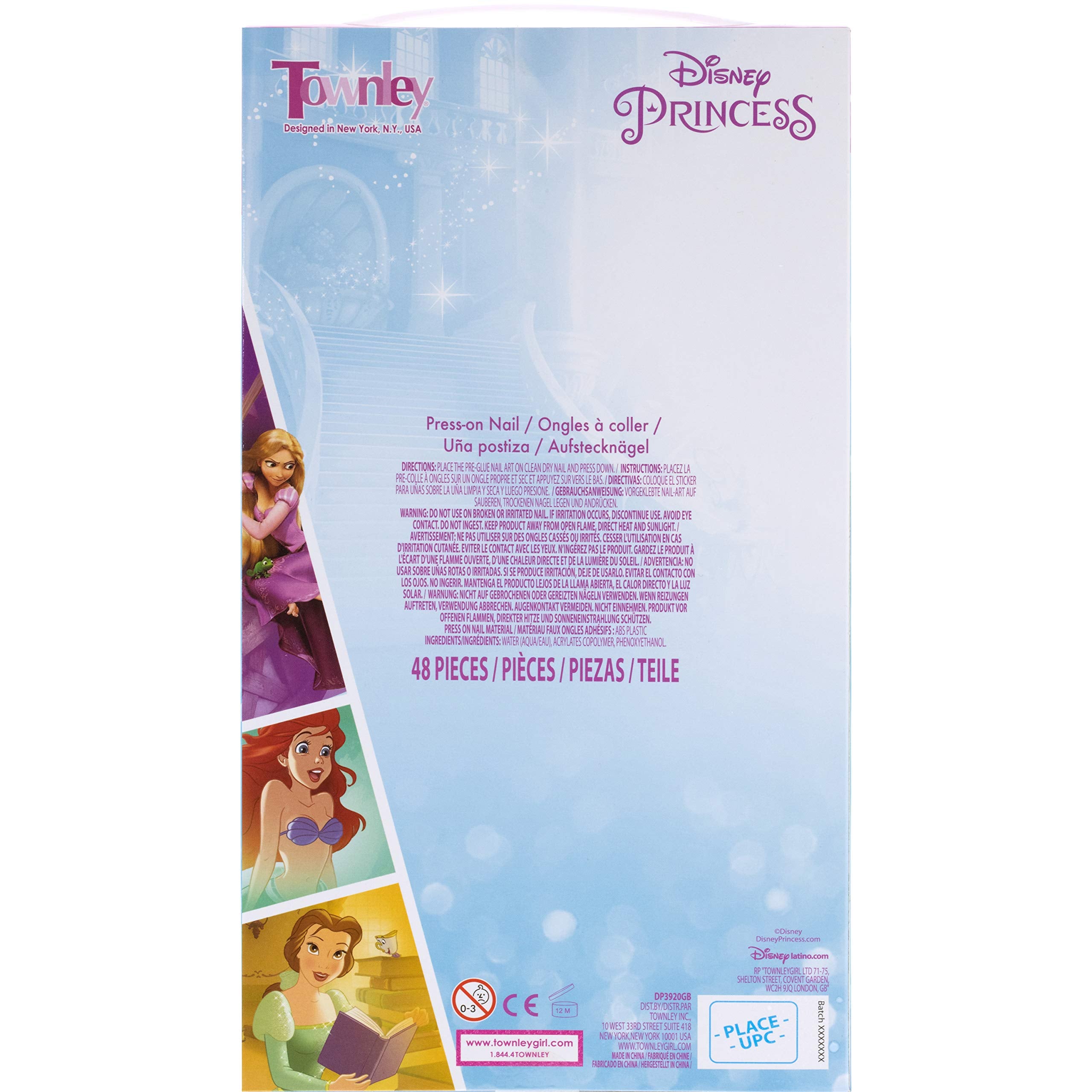 Disney Princess - Townley Girl 48 Pcs Press-On Nails Artificial False Nails Set for Girls, Kids with Pre-Glue Full Cover Acrylic Nail Tip Kit, Ages 6+ for Parties, Sleepovers and Makeovers