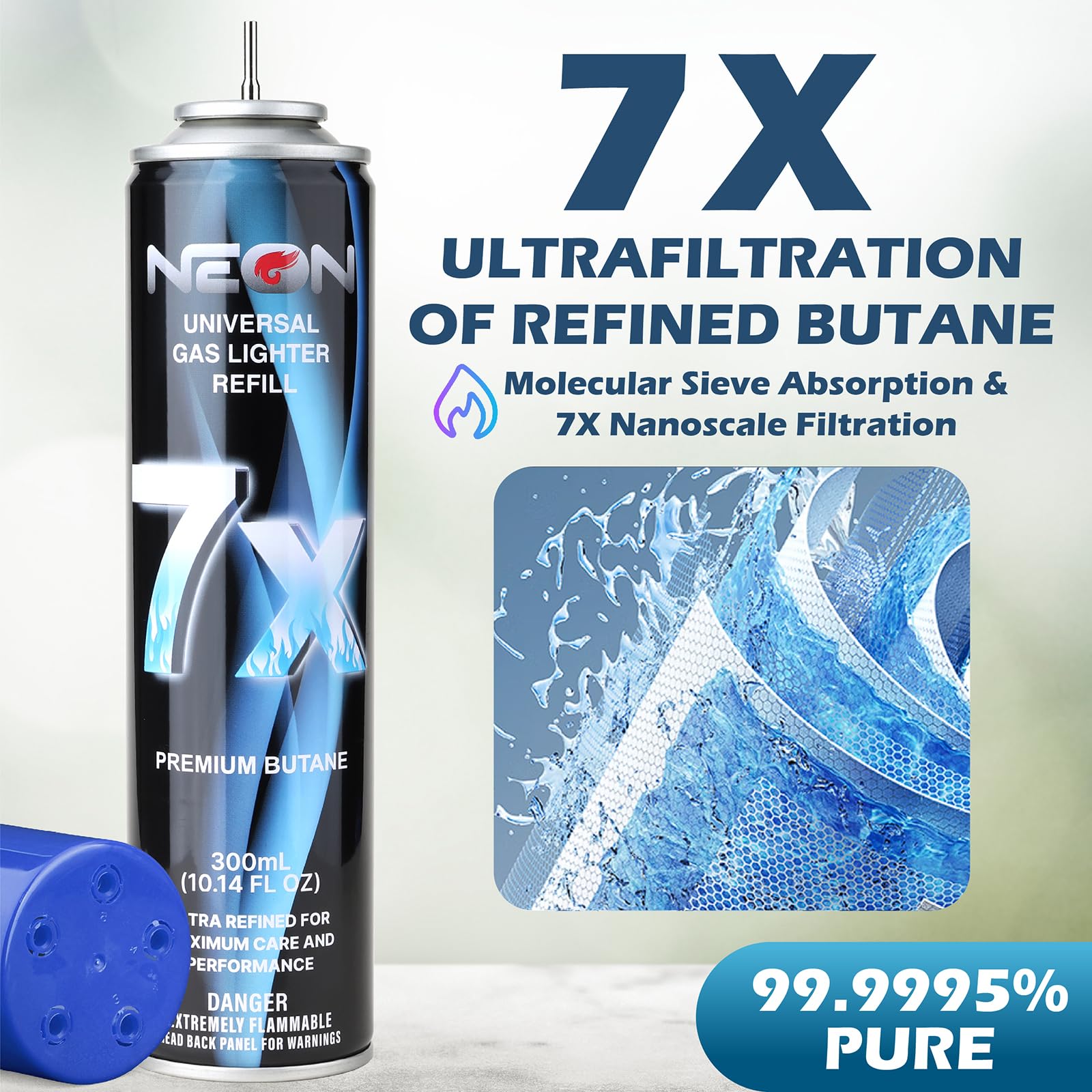 NEON Butane Refill, 300ml 7X Filtered Premium Butane Fuel, 12 Cans Pure Refined Lighter Fluid with 0 Impurities & 5 Butane Gas Adapters for Refillable Lighters, Butane Torches, Kitchen Blow Torch