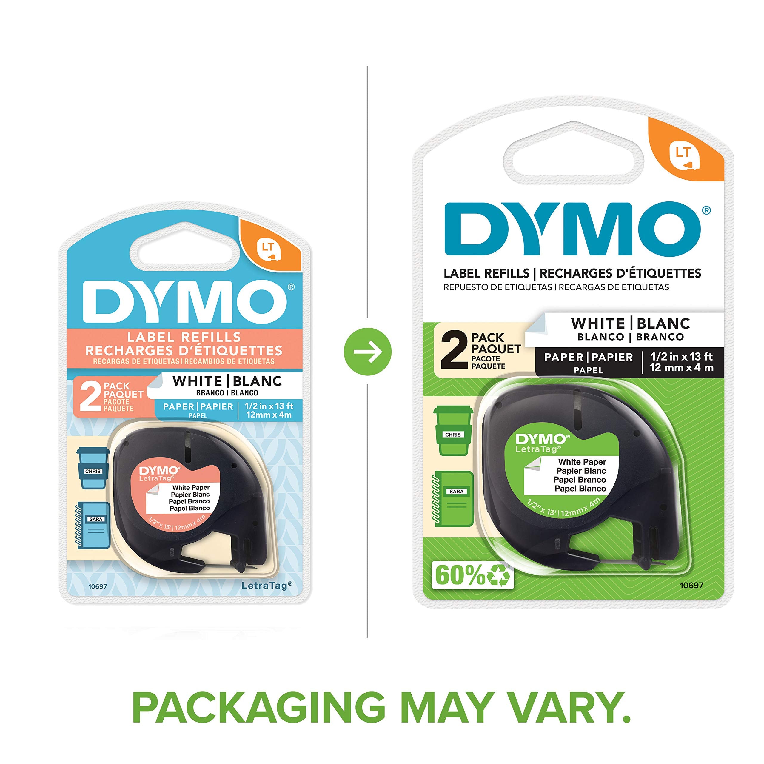 DYMO 10697 LetraTag Paper Label Tape Cassettes, 1/2-Inch x 13ft, White, 2/Pack