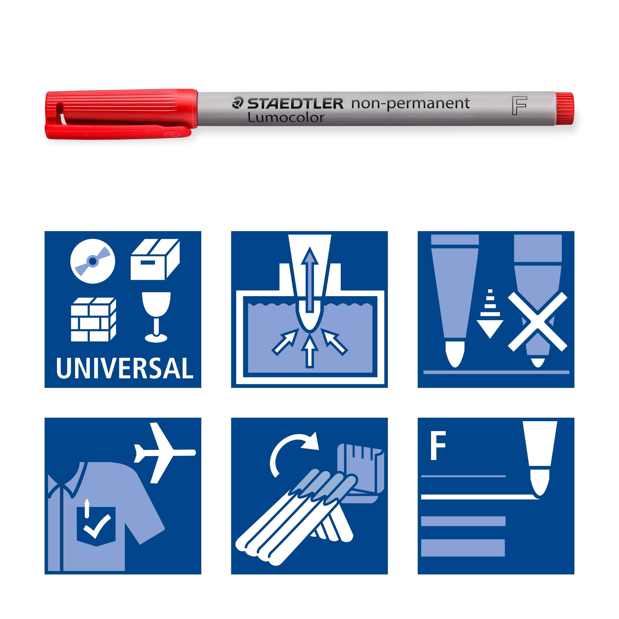 STAEDTLER Lumograph Non-Permanent Wet Erase Marker Pens, Fine Tip Refillable Colored Markers, 6 Pack, 315 WP6