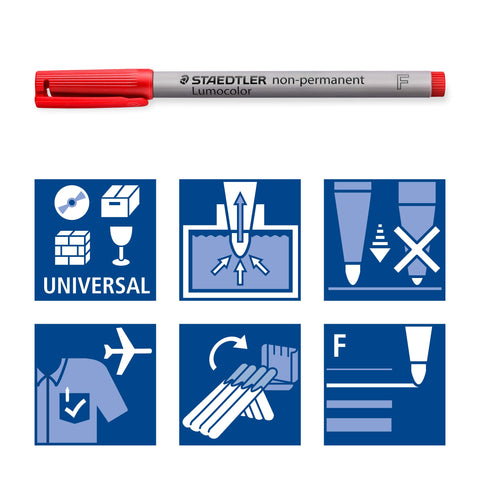 STAEDTLER Lumograph Non-Permanent Wet Erase Marker Pens, Fine Tip Refillable Colored Markers, 6 Pack, 315 WP6