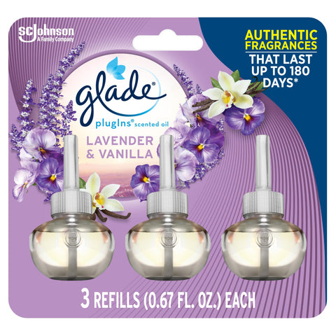 Glade PlugIns Refills Air Freshener, Scented and Essential Oils for Home and Bathroom, Lavender & Vanilla, 2.01 Fl Oz, 3 Count
