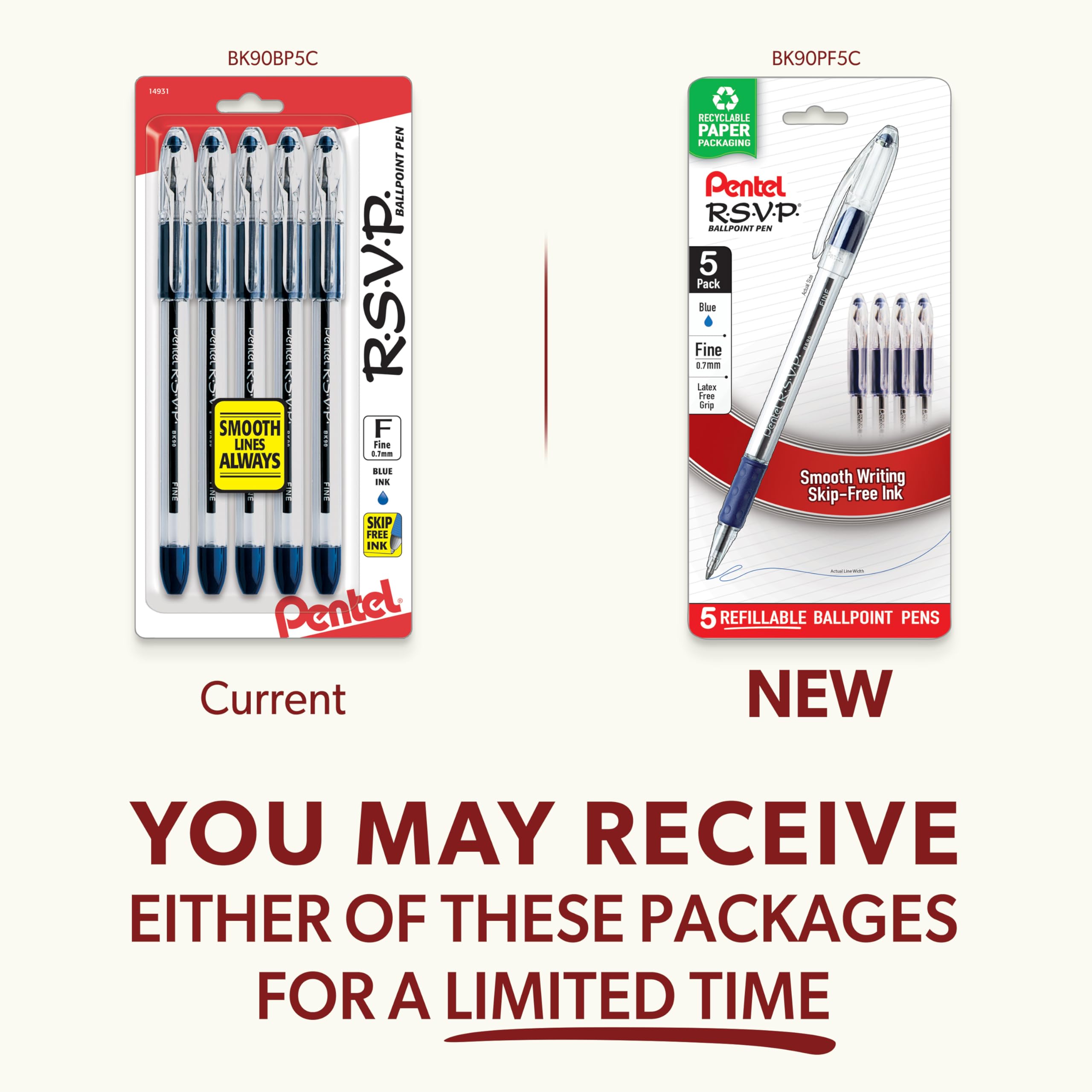 Pentel RSVP Ballpoint Pen, Fine Line, (0.7mm), Blue Ink (BK90BP5C) (Pack of 1, 5 Count Total)