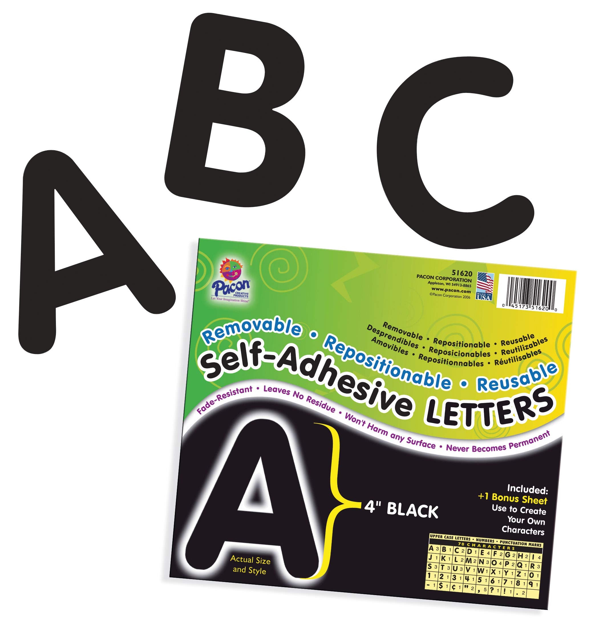 Pacon® PAC51620 Self-Adhesive Letters - Removable, Repositionable, Reusable, 4", Black, 78 Pieces