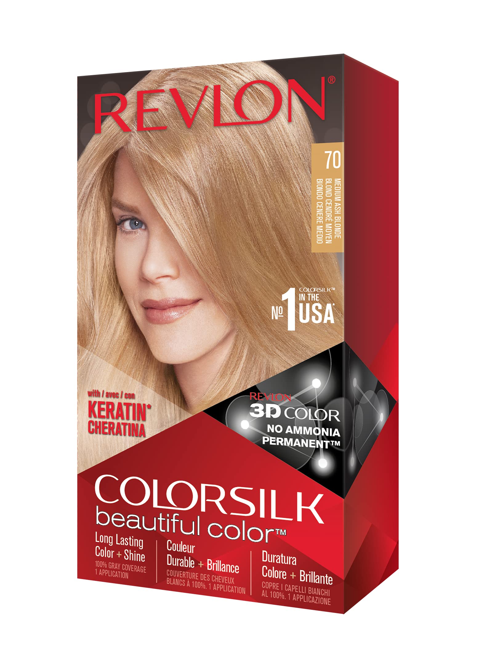 Revlon Permanent Hair Color, Permanent Hair Dye, Colorsilk with 100% Gray Coverage, Ammonia-Free, Keratin and Amino Acids, 70 Medium Ash Blonde, 4.4 Oz (Pack of 1)