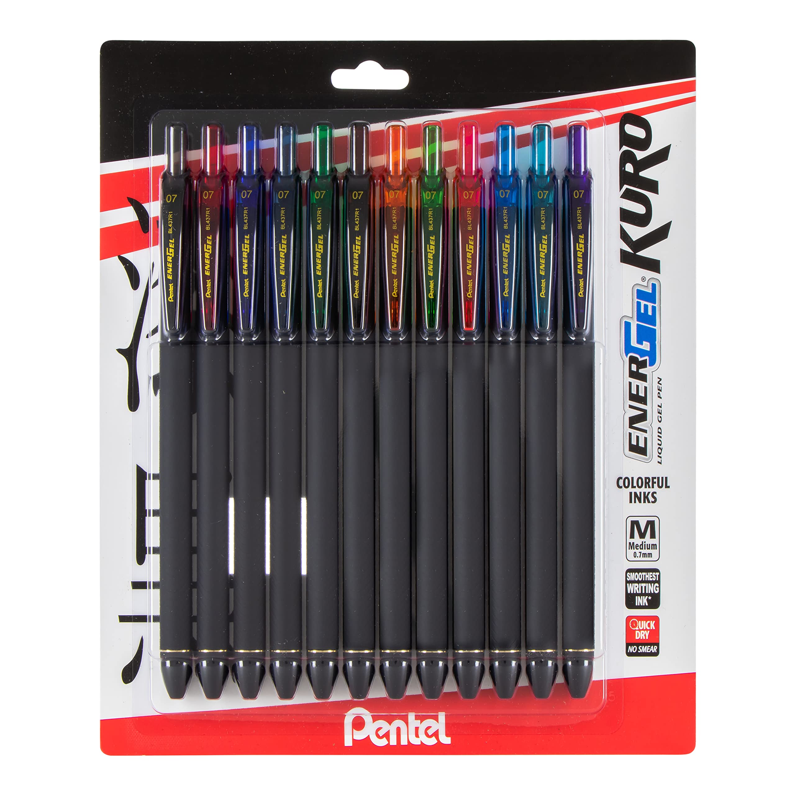 Pentel EnerGel Kuro Liquid Gel Pen, (0.7mm), Medium line, Assorted Ink, 12 Pack (BL437R1BP12M)