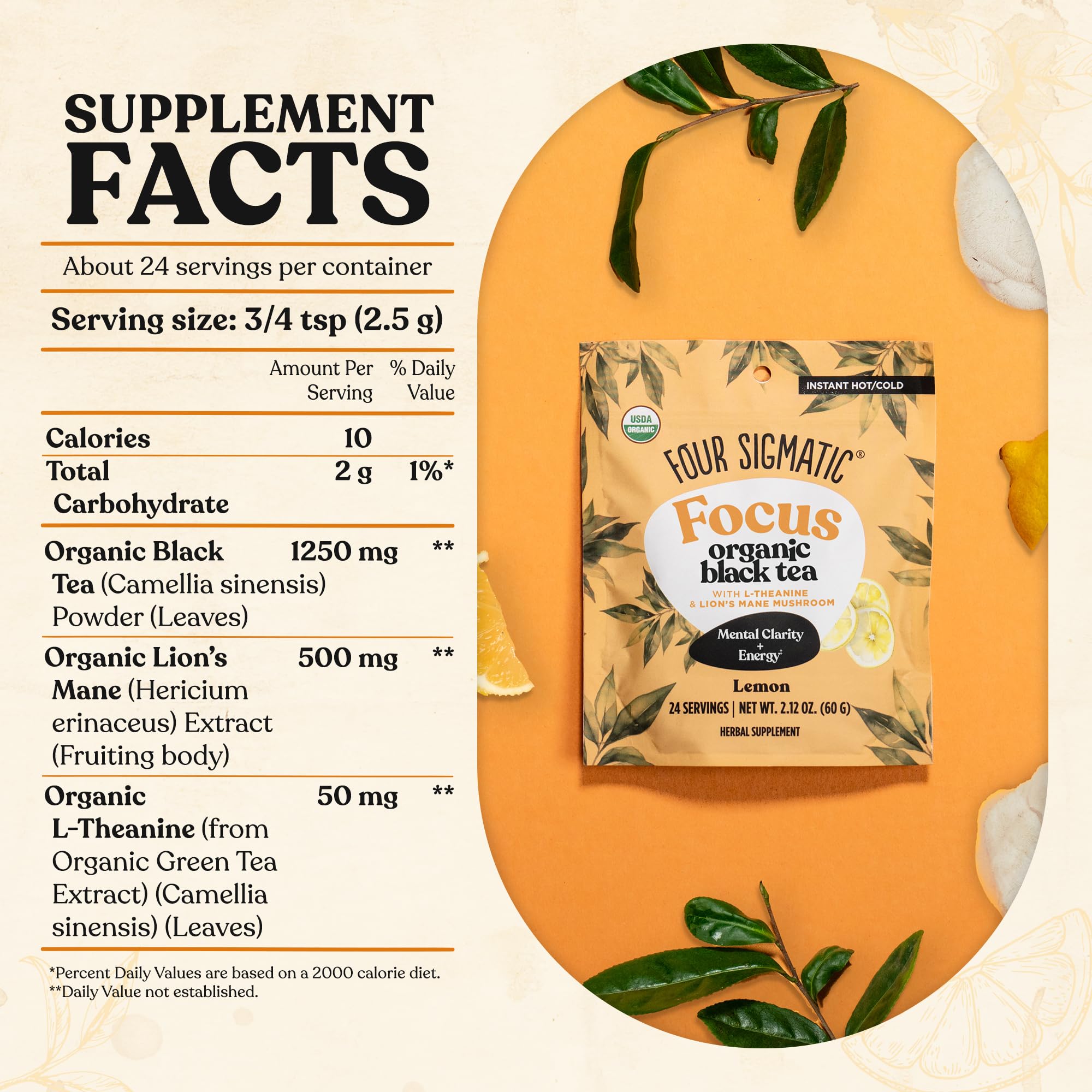 Four Sigmatic Think Organic Black Tea | Instant Lemon Tea w/Lion's Mane & L-Theanine for Mental Clarity & Focus | Organic Herbal Teas w/Adaptogens | Vegan, Gluten-Free | Lemon, 24 Servings