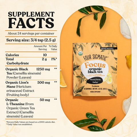 Four Sigmatic Think Organic Black Tea | Instant Lemon Tea w/Lion's Mane & L-Theanine for Mental Clarity & Focus | Organic Herbal Teas w/Adaptogens | Vegan, Gluten-Free | Lemon, 24 Servings