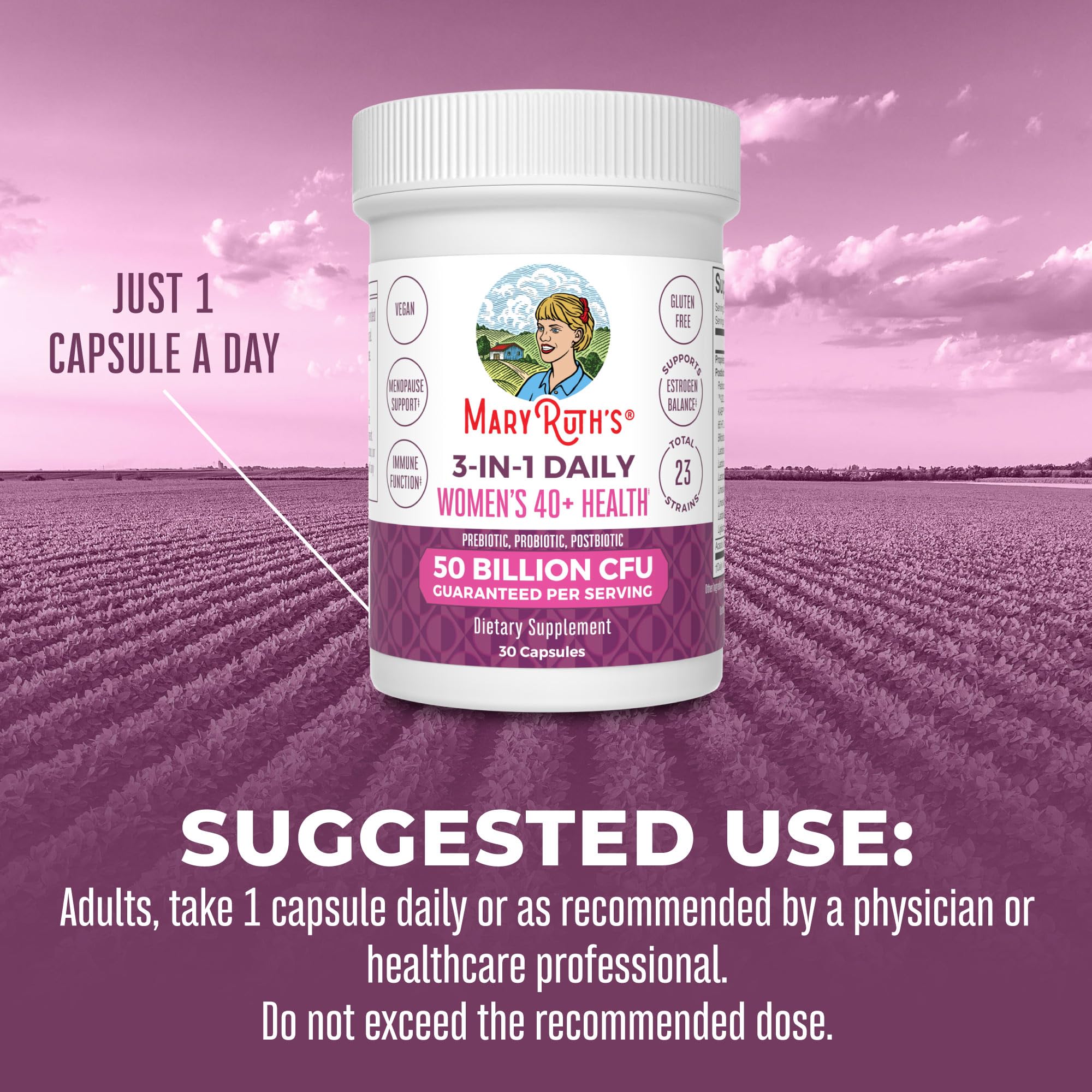 MaryRuth's 3-in-1 Daily Health 40+ Probiotics for Women | Hormonal & Menopause Support Supplement for Women | Gut Health Capsules | 50 Billion CFU | Allergen Free | 30 Ct