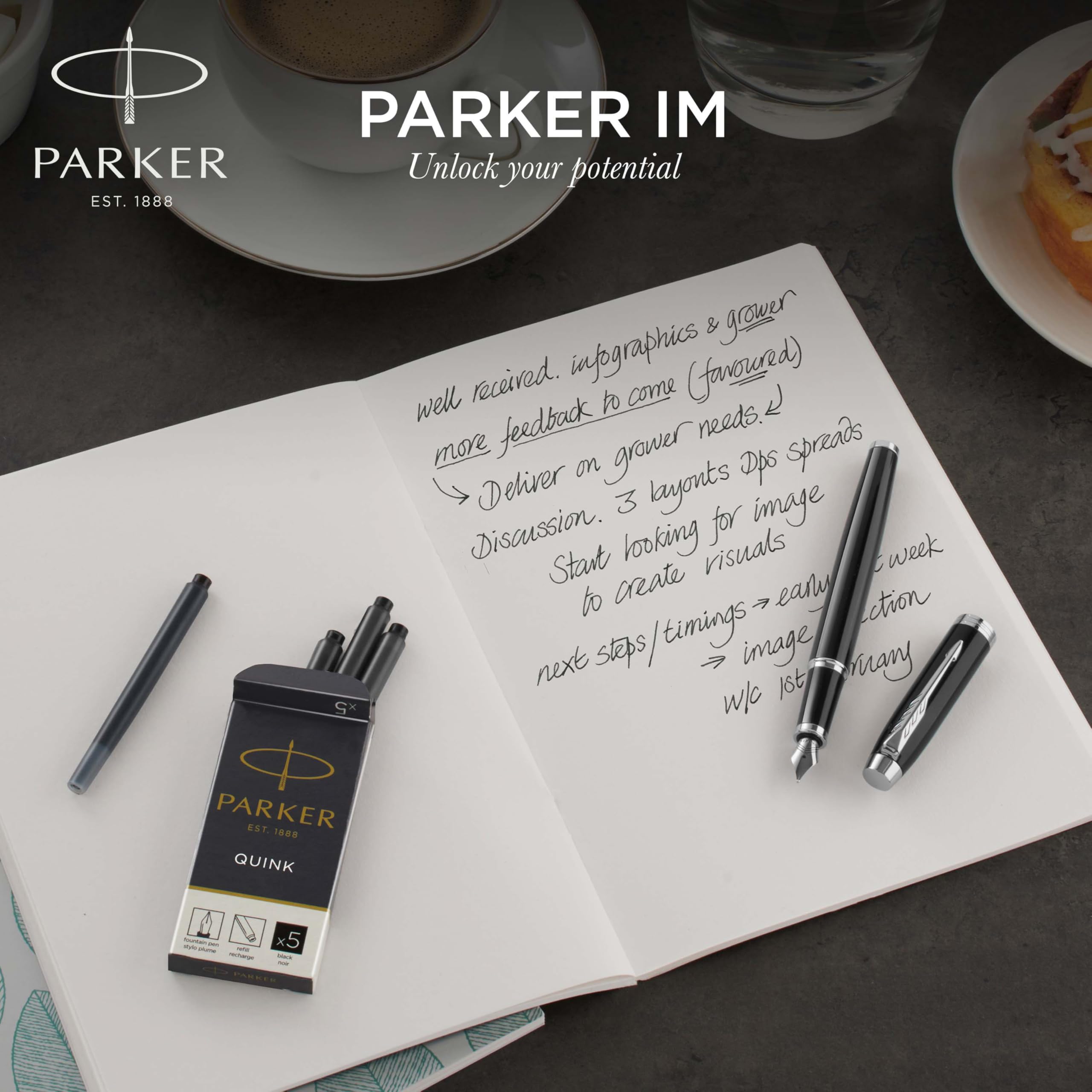 Parker IM Fountain Pen, Black Lacquer Gold Trim, Medium Nib with Blue Ink Refill, Gift Box (1931652)
