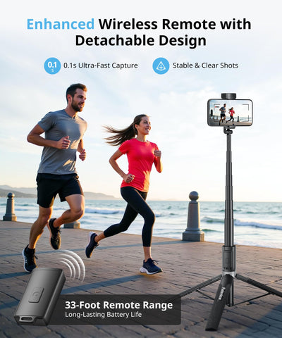 Selfie Stick Travel Tripod for iPhone Wireless Remote for Selfies, Extendable Selfie Stick for iPhone, iPhoneTripod for Video Recording, 60 inch, Black