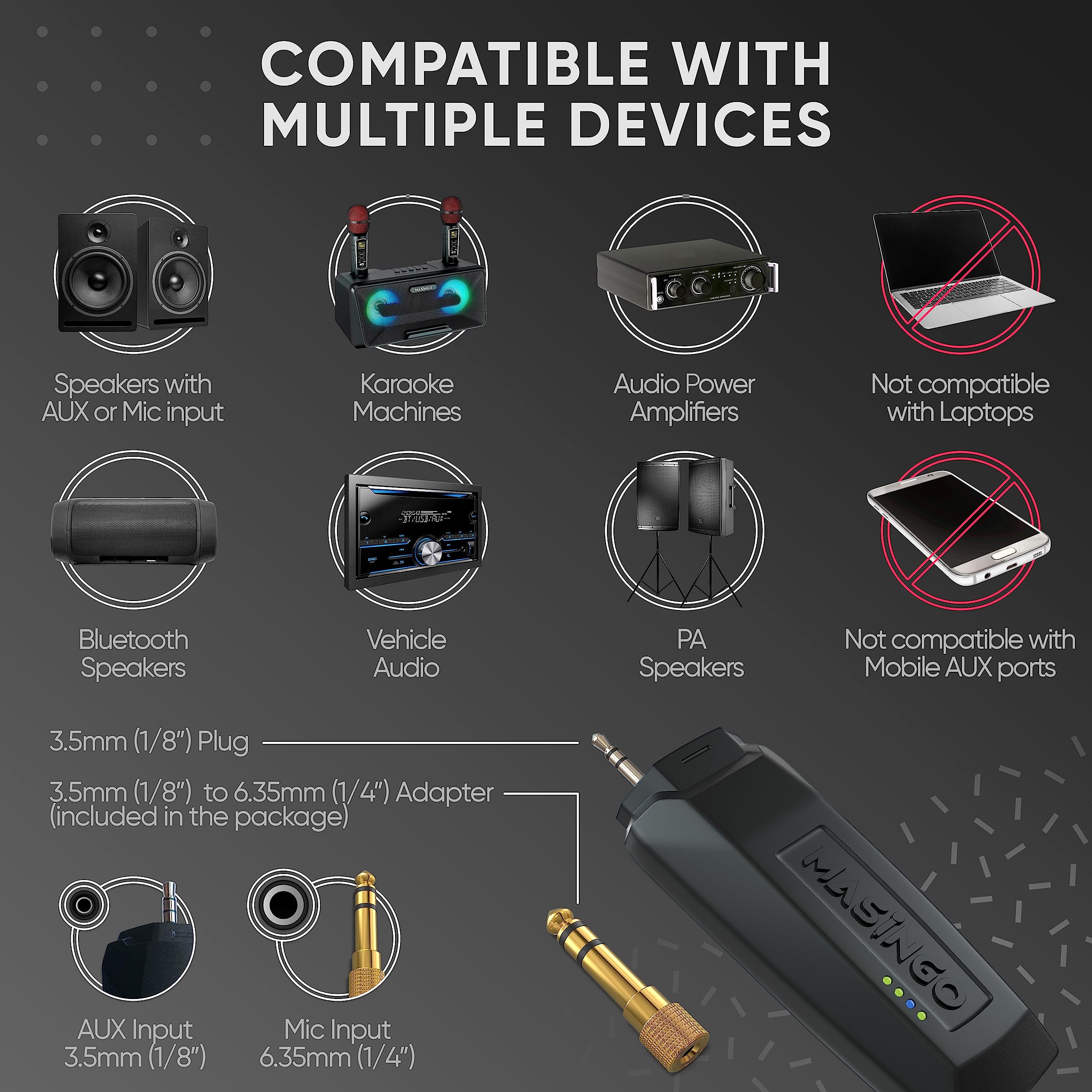 MASINGO 2 Wireless Karaoke Microphones, Integrated Bluetooth Receiver - Connects Mics and Smartphone to Any Speaker with AUX/Mic Input - Includes Singer Vocal Removal Mode + Charging Base - A12