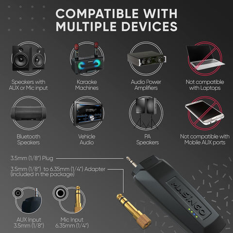 MASINGO 2 Wireless Karaoke Microphones, Integrated Bluetooth Receiver - Connects Mics and Smartphone to Any Speaker with AUX/Mic Input - Includes Singer Vocal Removal Mode + Charging Base - A12