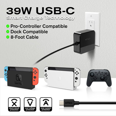 Nyko 39W USB-C Fast Charger for Nintendo Switch - Supports TV Dock Mode, 15V, 2.6A Charger with 8ft Cord for Rapid Charging - Works with Steam Deck and Other Type-C Devices