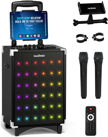 MASINGO Karaoke Machine for Adults and Kids, 40W Speaker with 8" Woofer, 2 Wireless Microphones, Bluetooth, USB, MicroSD, FM Radio, TV Connection, Tablet Holder, and Real-Time Karaoke Mode, Soprano X2