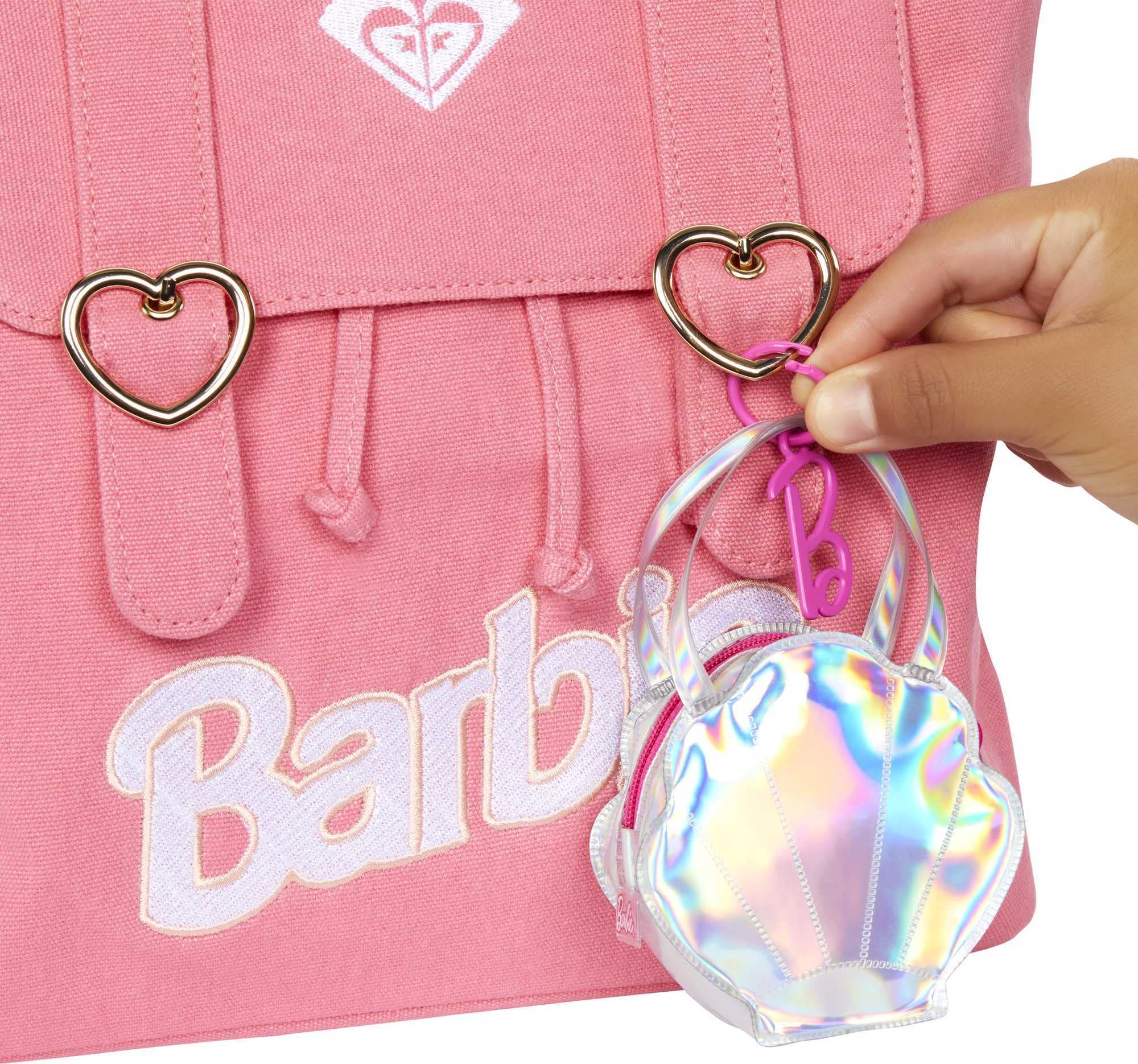 Barbie Clothes Set, Beach-Themed with Swimsuit, 5 Acessories & Zippered Doll-Sized Shell-Shaped Bag with Clip-On Ring, Iridescent