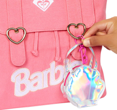 Barbie Clothes Set, Beach-Themed with Swimsuit, 5 Acessories & Zippered Doll-Sized Shell-Shaped Bag with Clip-On Ring, Iridescent