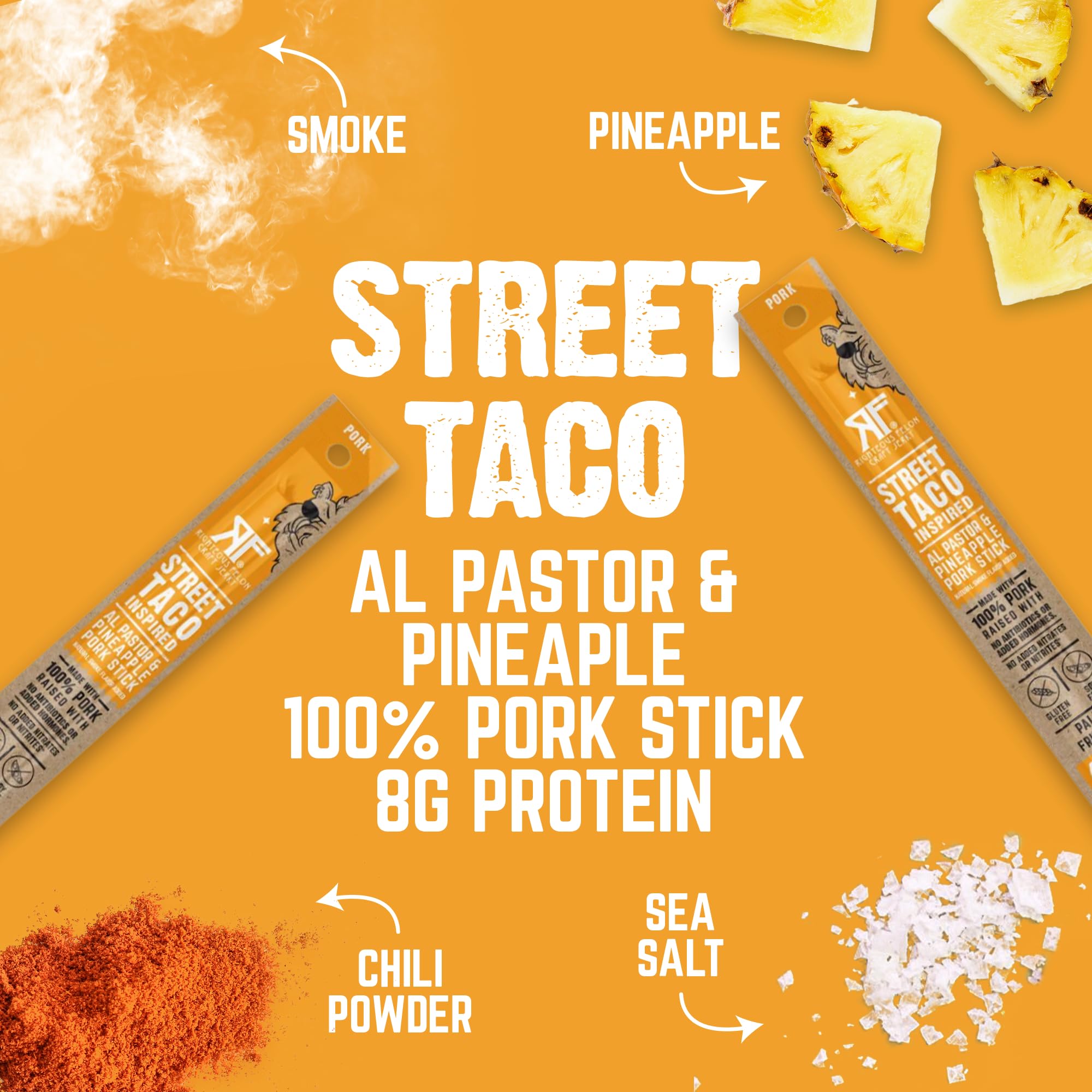 Righteous Felon Meat Sticks | 100% Pasture Raised Pork | 8g Protein per Stick | Keto, Gluten-Free, Low Sugar, High Protein Snack Sticks | Individually Wrapped | Street Taco Pork Sticks, 24 Count