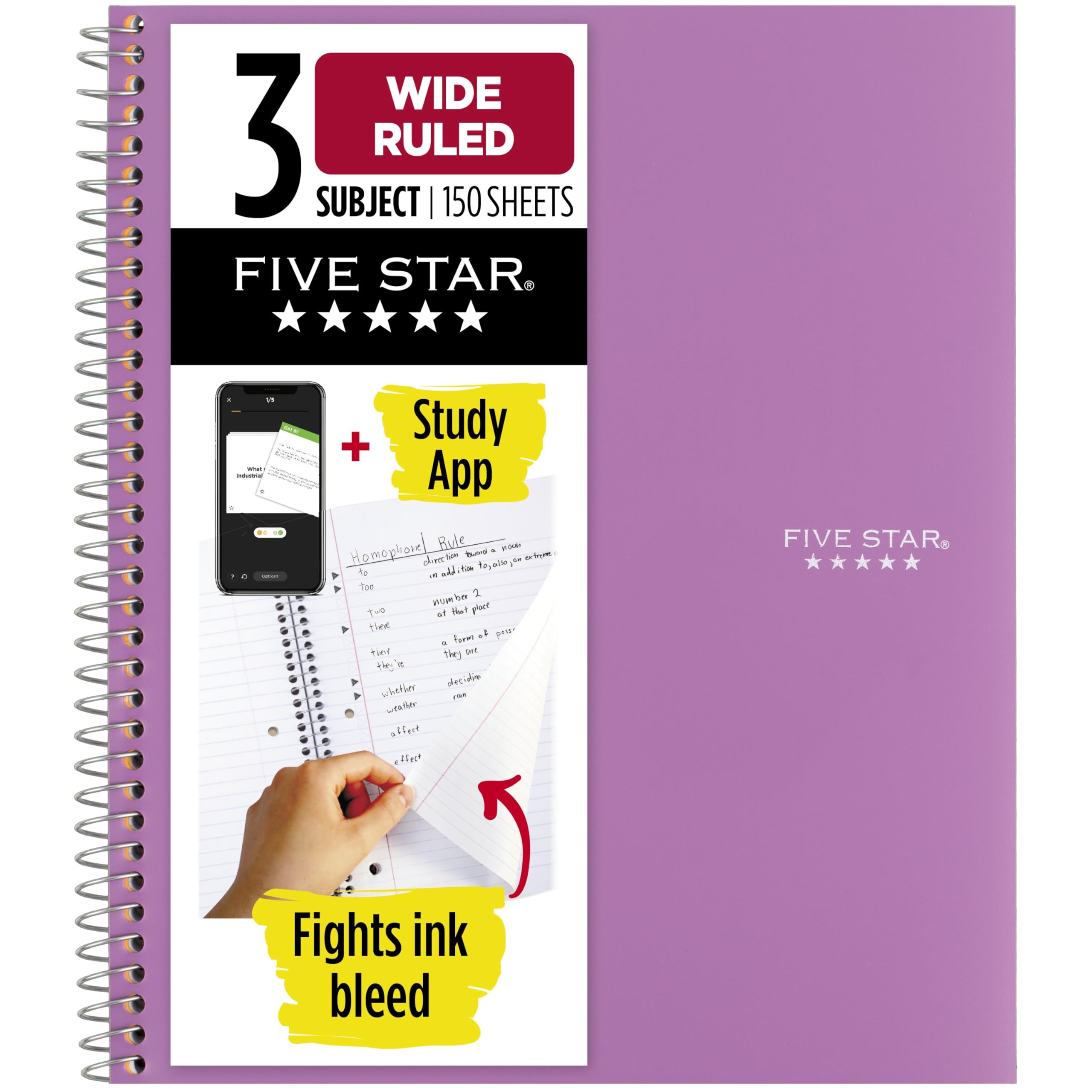 Five Star Spiral Notebook + Study App, 3 Subject, Wide Ruled Paper, 8" x 10-1/2", 150 Sheets, Fights Ink Bleed, Water Resistant Cover, Amethyst Purple (38737)
