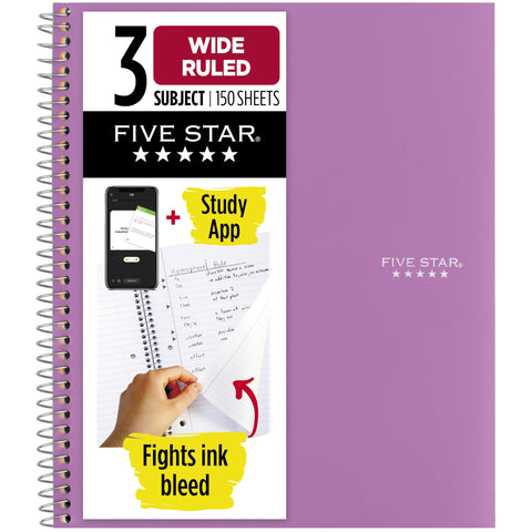 Five Star Spiral Notebook + Study App, 3 Subject, Wide Ruled Paper, 8" x 10-1/2", 150 Sheets, Fights Ink Bleed, Water Resistant Cover, Amethyst Purple (38737)