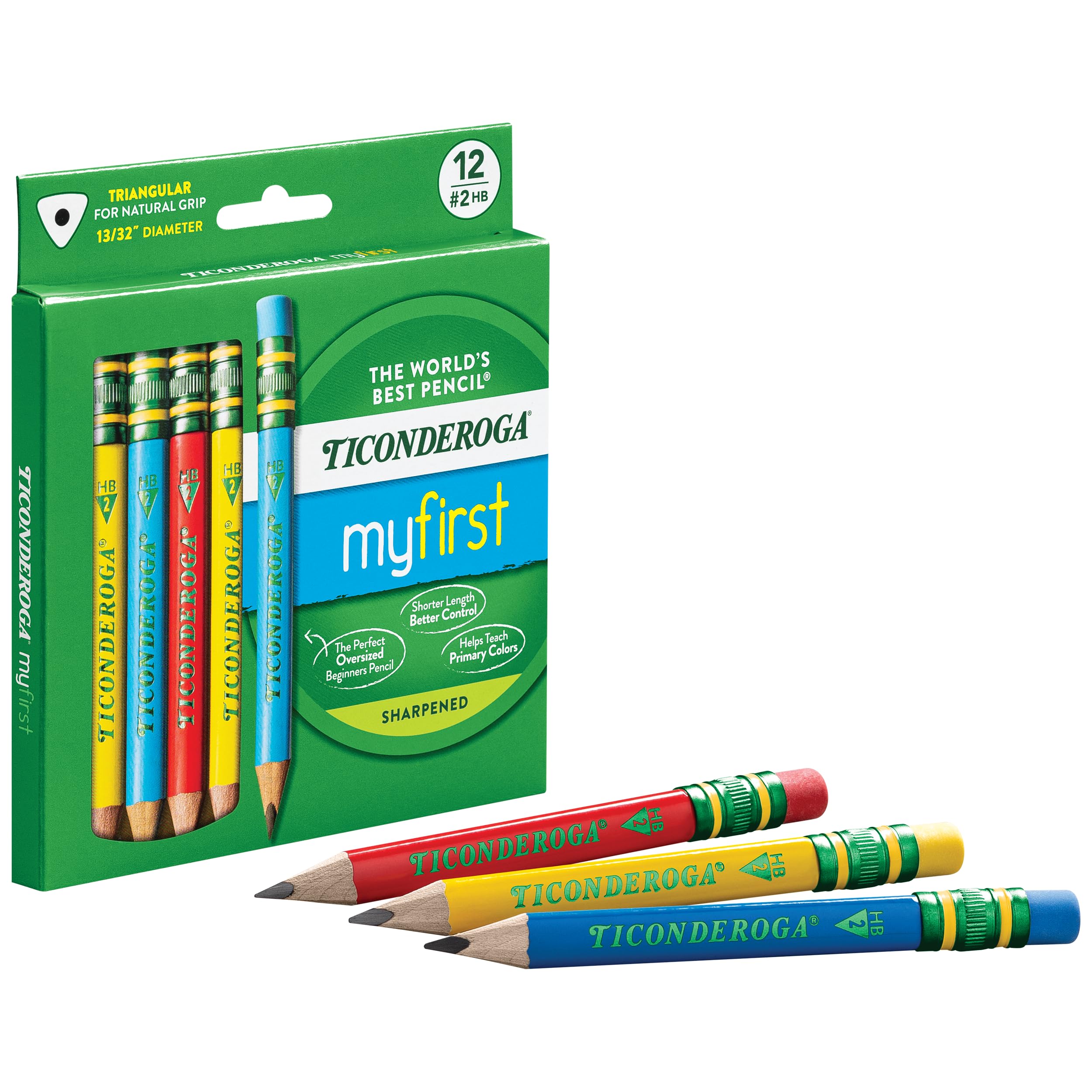 Ticonderoga My First Short Triangular Wood-Cased Pencils, #2 HB Soft, With Erasers, Primary Colors, 12 Count