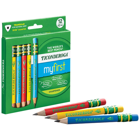 Ticonderoga My First Short Triangular Wood-Cased Pencils, #2 HB Soft, With Erasers, Primary Colors, 12 Count