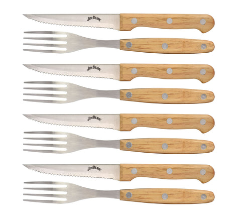 Jim Beam Set of 8 Ideal, Chicken, Pork and More-Steak Knives and Forks Made of Stainless Steel Blade and Contoure, Medium, Light Brown, JB0208