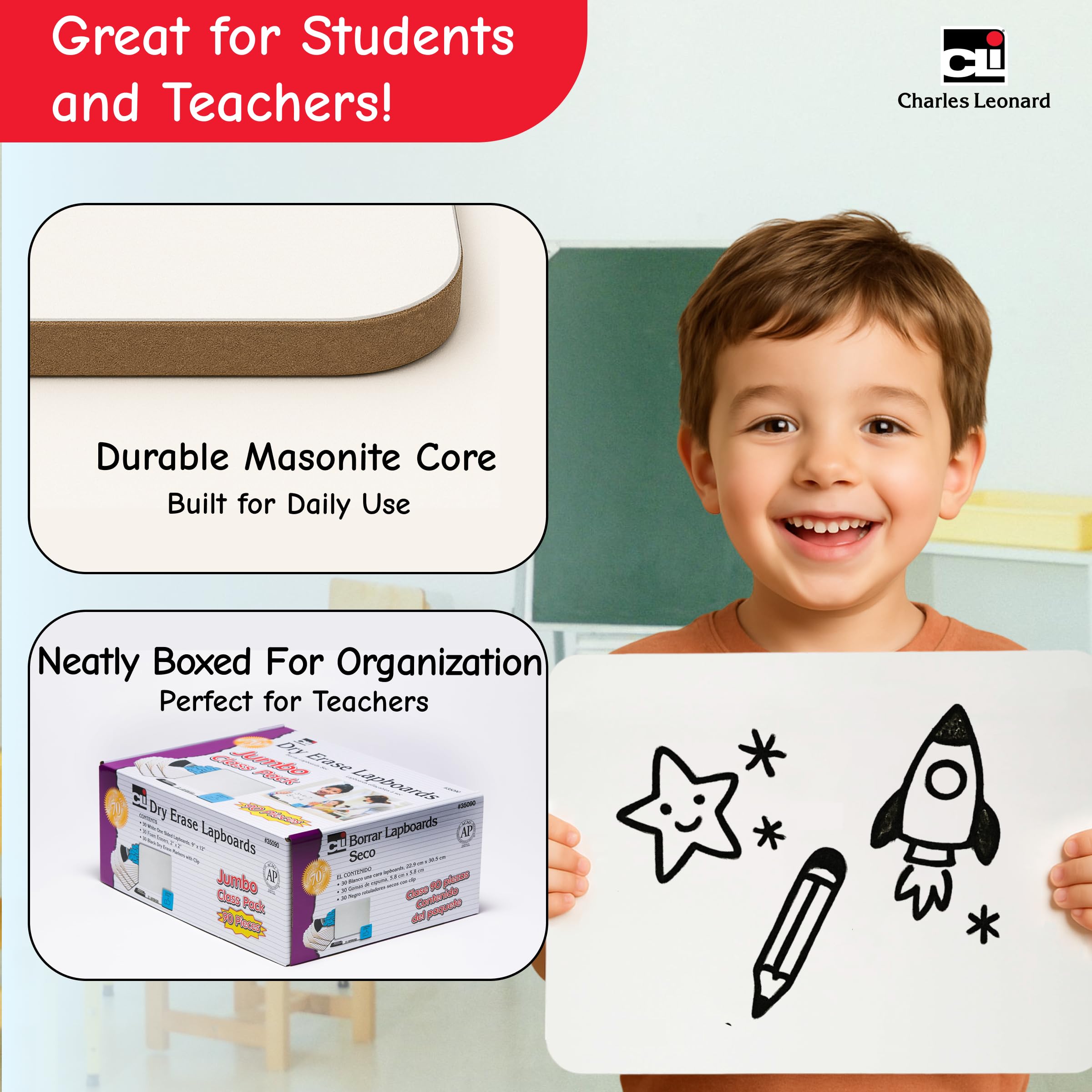 Charles Leonard Dry Erase Board Classroom Pack - Mini Lapboard School Supplies for Teachers, Students - Includes 30 each Erasable White Boards, 2 Inch Felt Erasers and Black Dry Erase Markers (35090)