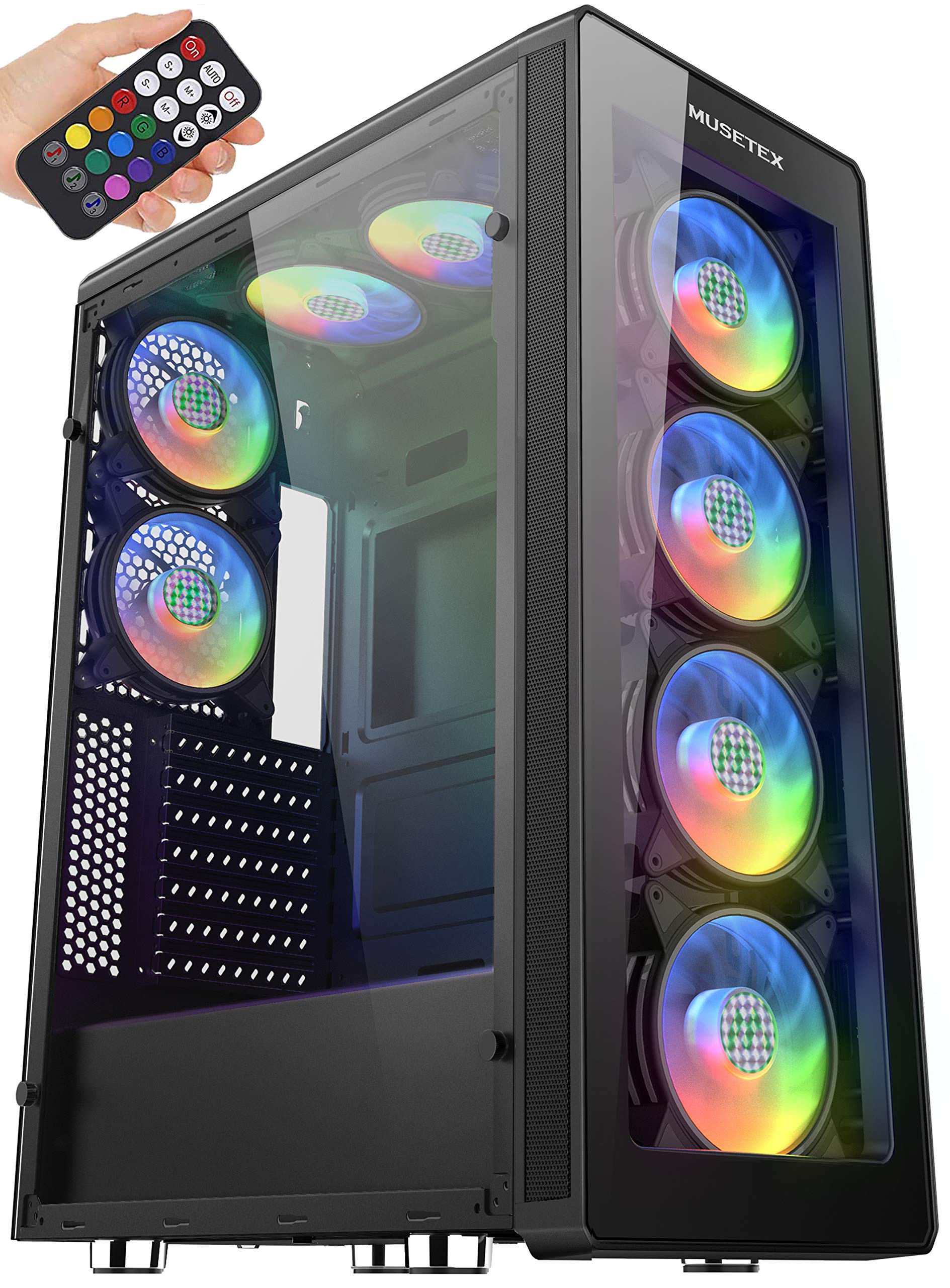 MUSETEX 8 PCS ARGB Fans ATX Mid-Tower Case with 2 × USB 3.0, Computer PC Gaming Case with Remote Control, Tempered Glass Cooling System/Airflow/Cable Management（T400-MN8）